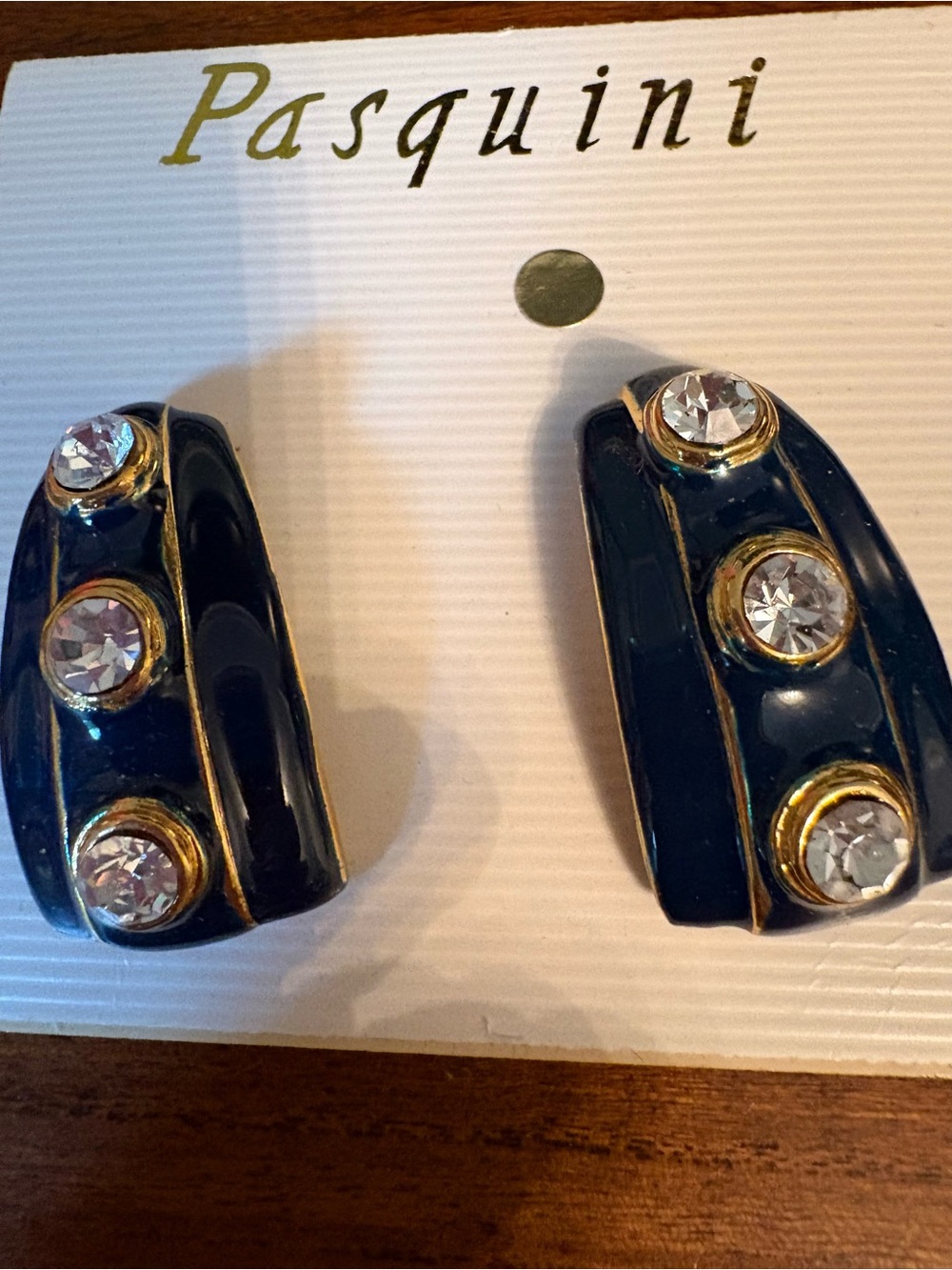 Vintage Navy and Gold Hoop-Style Earrings with Clear Crystals Lot of 2 Pasquini